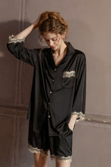 Black Lace-Trimmed 3/4 Sleeve Silk Set