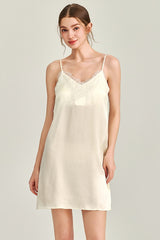White V-Neck Lace Detail Silk Nightdress