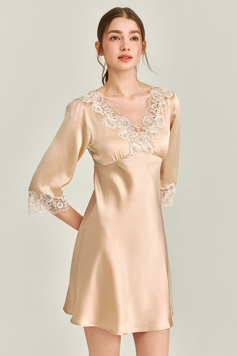 Gold Silk 3/4 Sleeve Lace Sleepwear