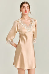 Gold Silk 3/4 Sleeve Lace Sleepwear