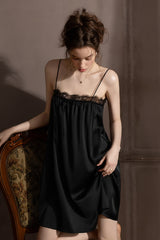 Black Petit Ribbon Shirring Silk Mini Slip