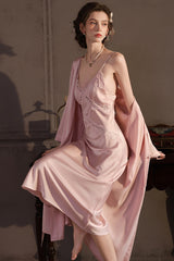 Pink Cross Lace Silk Slip & Robe Set