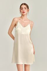 White V-Neck Lace Detail Silk Nightdress
