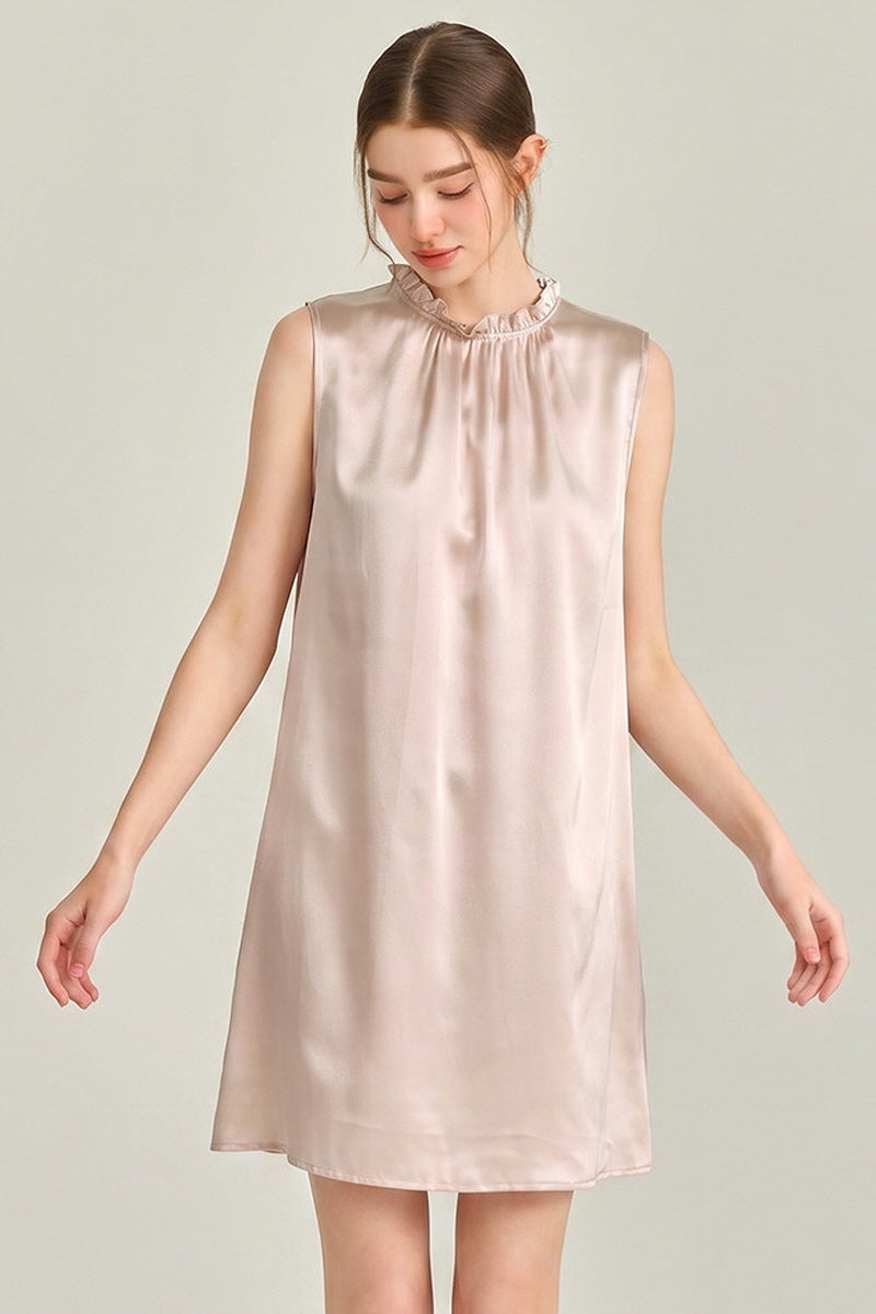 Champagne Ruffle Neck Silk Sleeveless Dress