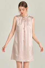 Champagne Ruffle Neck Silk Sleeveless Dress