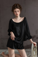 Black Off Shoulder Satin Silk Pajama Shorts Set