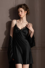Black Midnight Muse Lace Slip & Robe Set