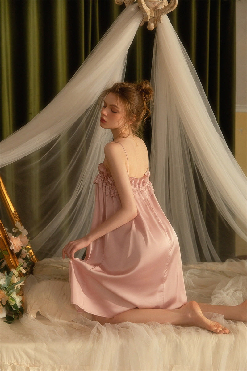 Pink Double Ruffle Silk Nightdress