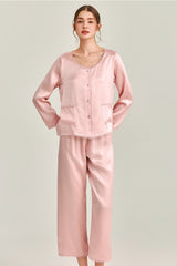 Pink Silk Lace Trim Button Pajama Set