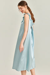 Blue Ruffle Backless Silk Slip Dress