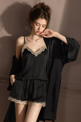 Black Scalloped Lace Cami, Shorts & Robe 3-Piece Set