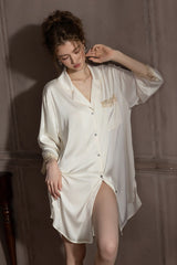 White Elegant Lace-Trimmed Silk Sleep Shirt