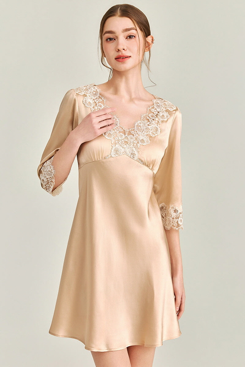 Gold Silk 3/4 Sleeve Lace Sleepwear