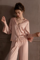 Pink Romantic Lace Silk Pajama Set