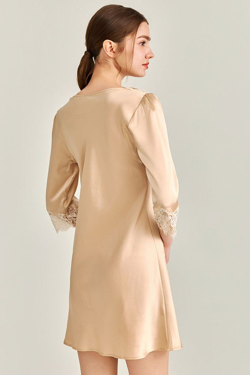 Gold Silk 3/4 Sleeve Lace Sleepwear