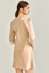 Gold Silk 3/4 Sleeve Lace Sleepwear