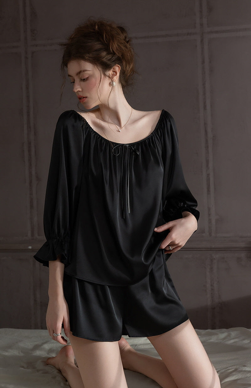 Black Off Shoulder Satin Silk Pajama Shorts Set