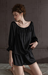 Black Off Shoulder Satin Silk Pajama Shorts Set