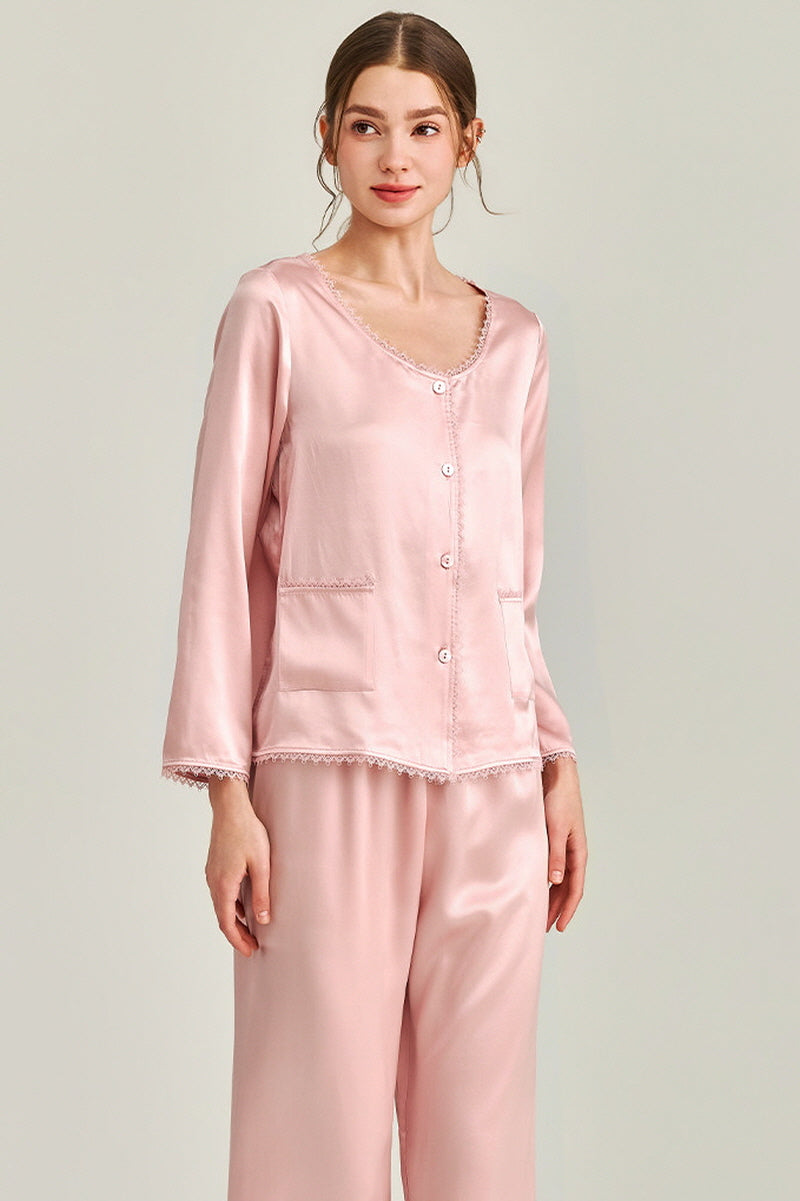 Pink Silk Lace Trim Button Pajama Set