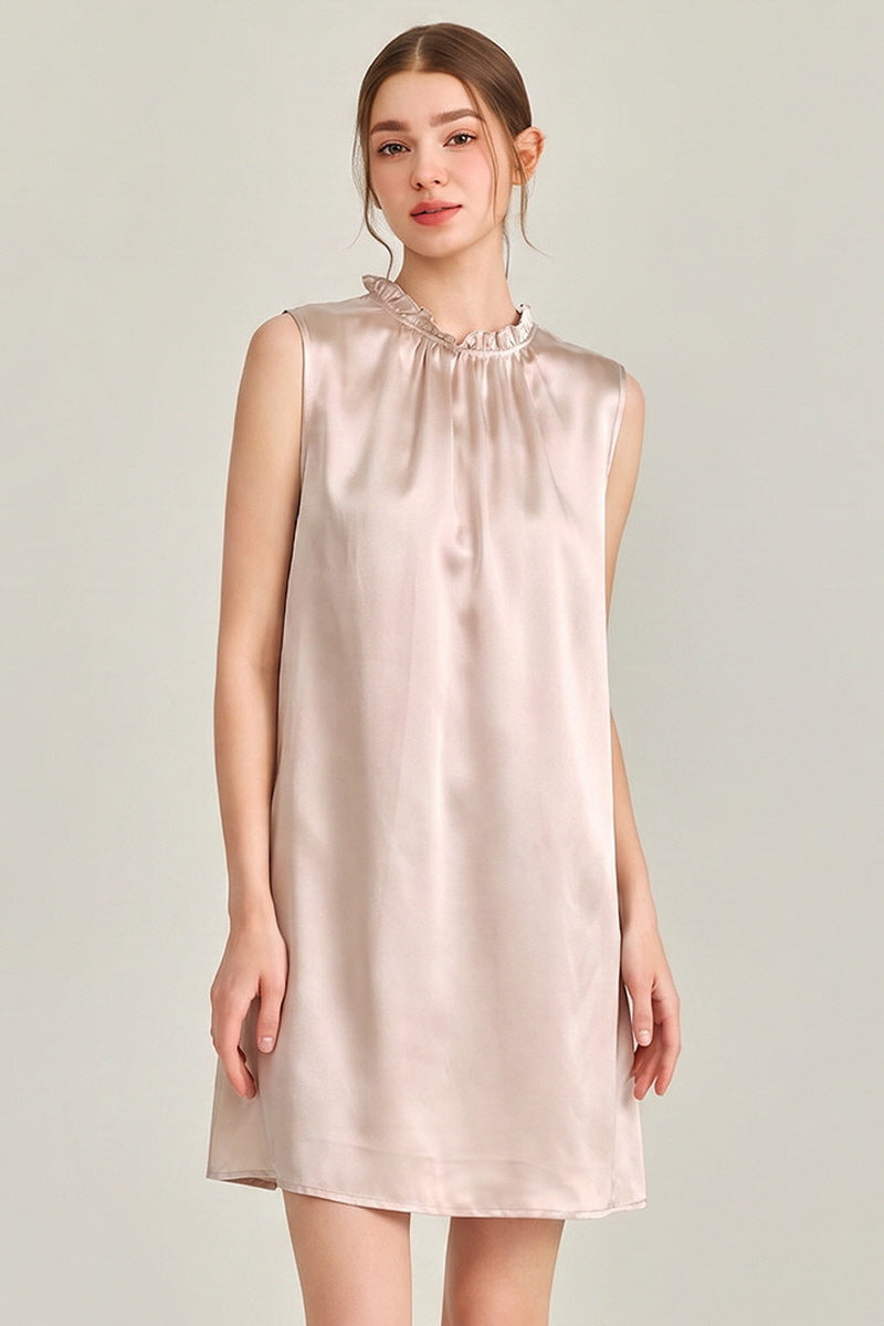 Champagne Ruffle Neck Silk Sleeveless Dress