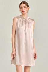 Champagne Ruffle Neck Silk Sleeveless Dress