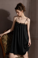 Black Petit Ribbon Shirring Silk Mini Slip