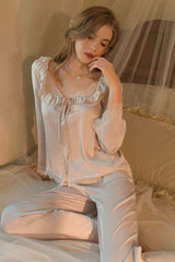 Soft Lace Ribbon Silk Pajama Set