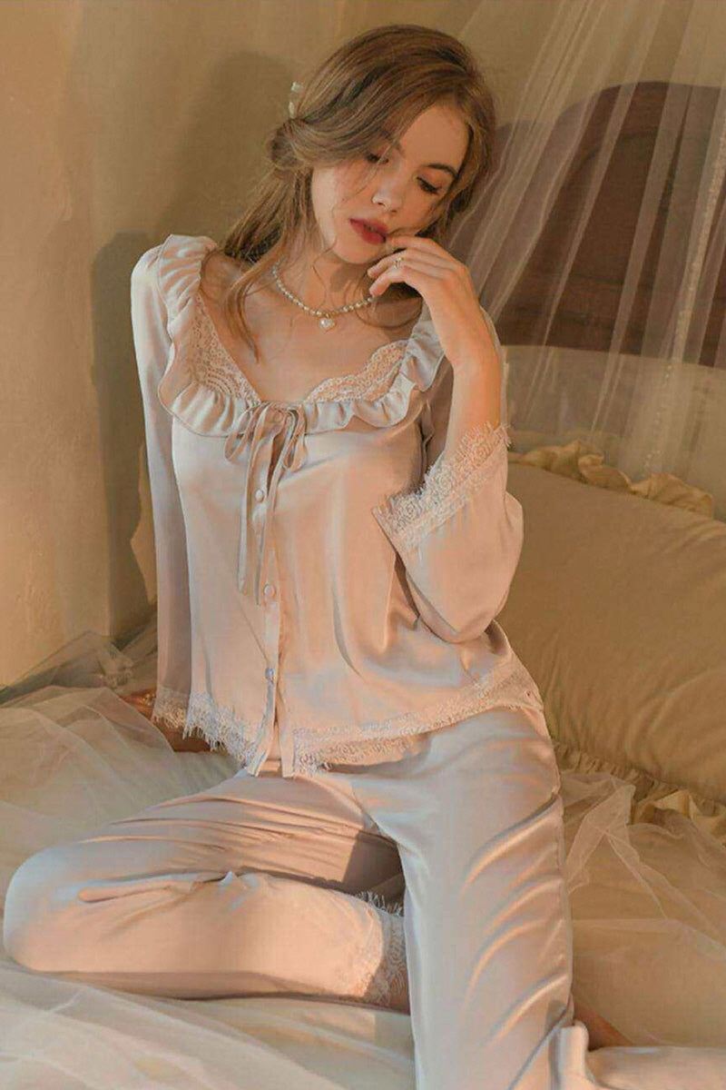 LUME Soft Lace Ribbon Silk Pajama Set