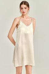 White V-Neck Lace Detail Silk Nightdress