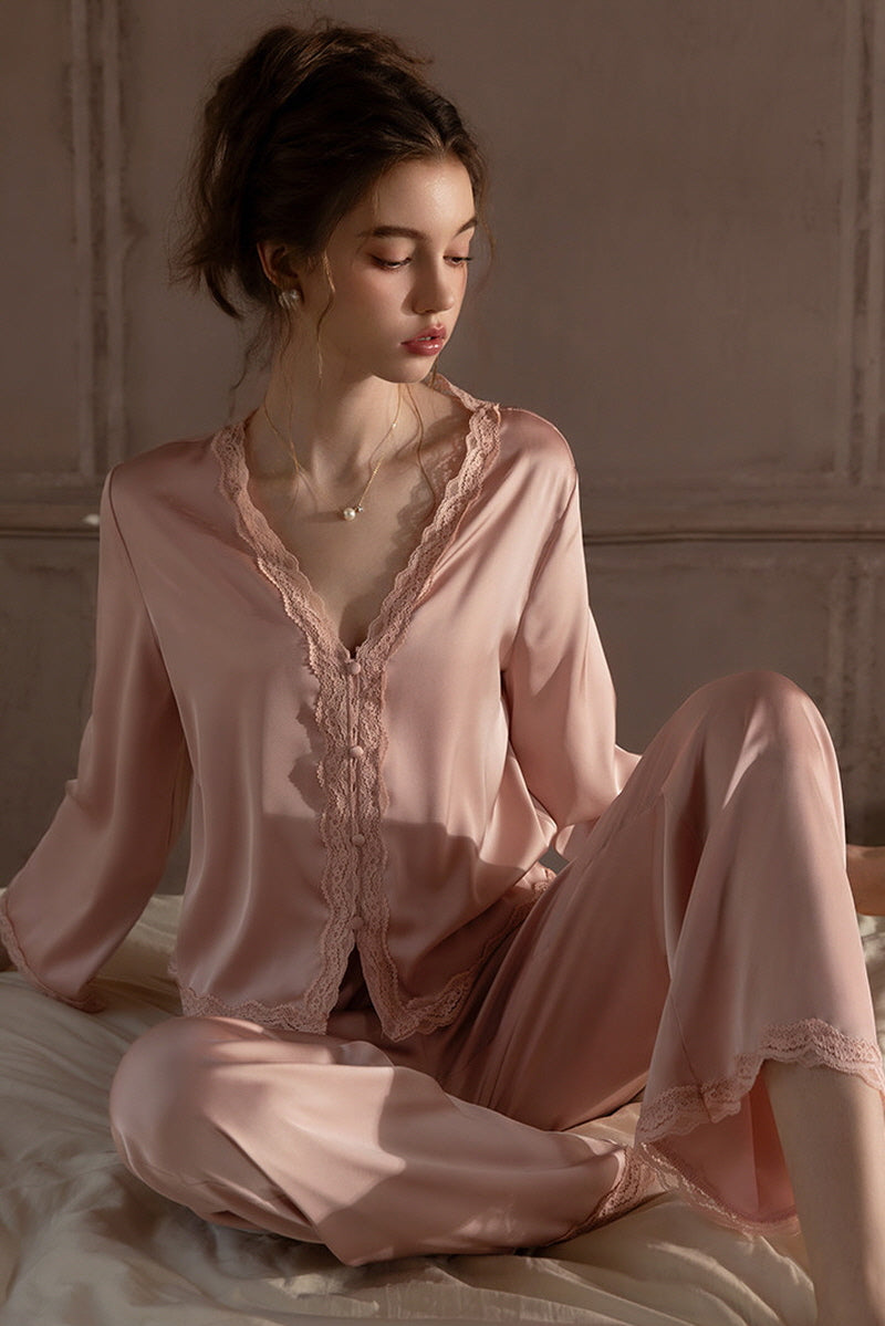 Pink Romantic Lace Silk Pajama Set