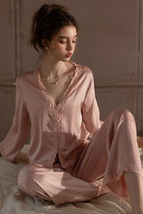 Pink Romantic Lace Silk Pajama Set