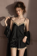 Black Scalloped Lace Cami, Shorts & Robe 3-Piece Set