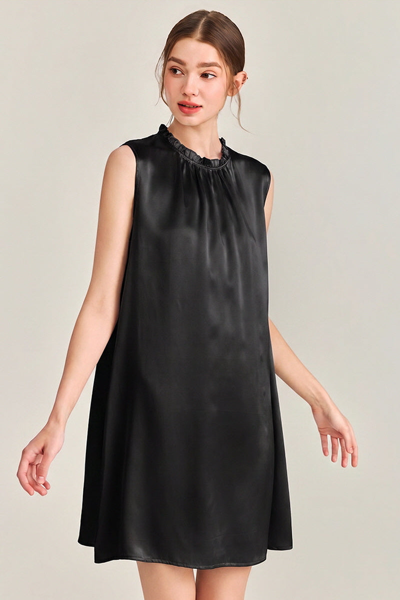 Black Ruffle Neck Silk Sleeveless Dress