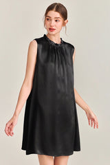 Black Ruffle Neck Silk Sleeveless Dress