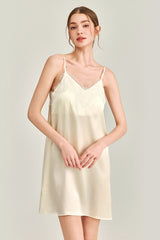 White V-Neck Lace Detail Silk Nightdress