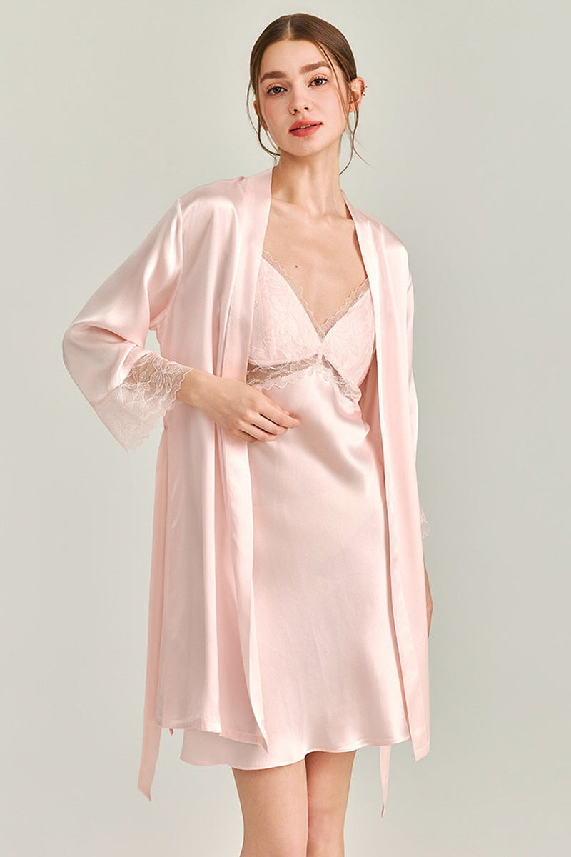 Pink Floral Lace-Trimmed Silk Slip & Robe Set