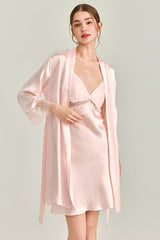 Pink Floral Lace-Trimmed Silk Slip & Robe Set