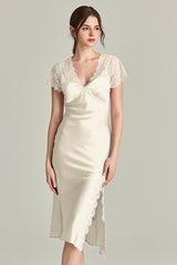 Lace-Sleeve Silk Slip Dress