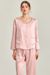 Pink Silk Lace Trim Button Pajama Set