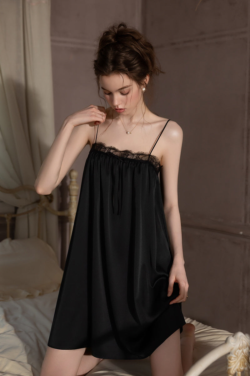Black Petit Ribbon Shirring Silk Mini Slip
