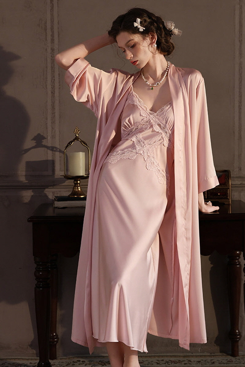 Pink Cross Lace Silk Slip & Robe Set