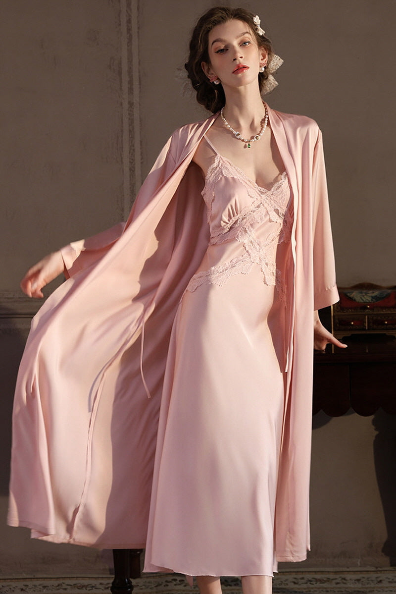 Pink Cross Lace Silk Slip & Robe Set