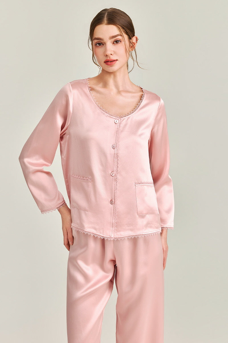 Pink Silk Lace Trim Button Pajama Set