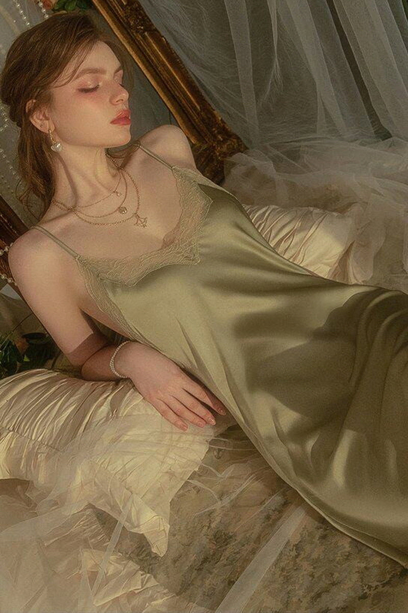 Olive V-Line Scallop Silk Slip & Robe Set