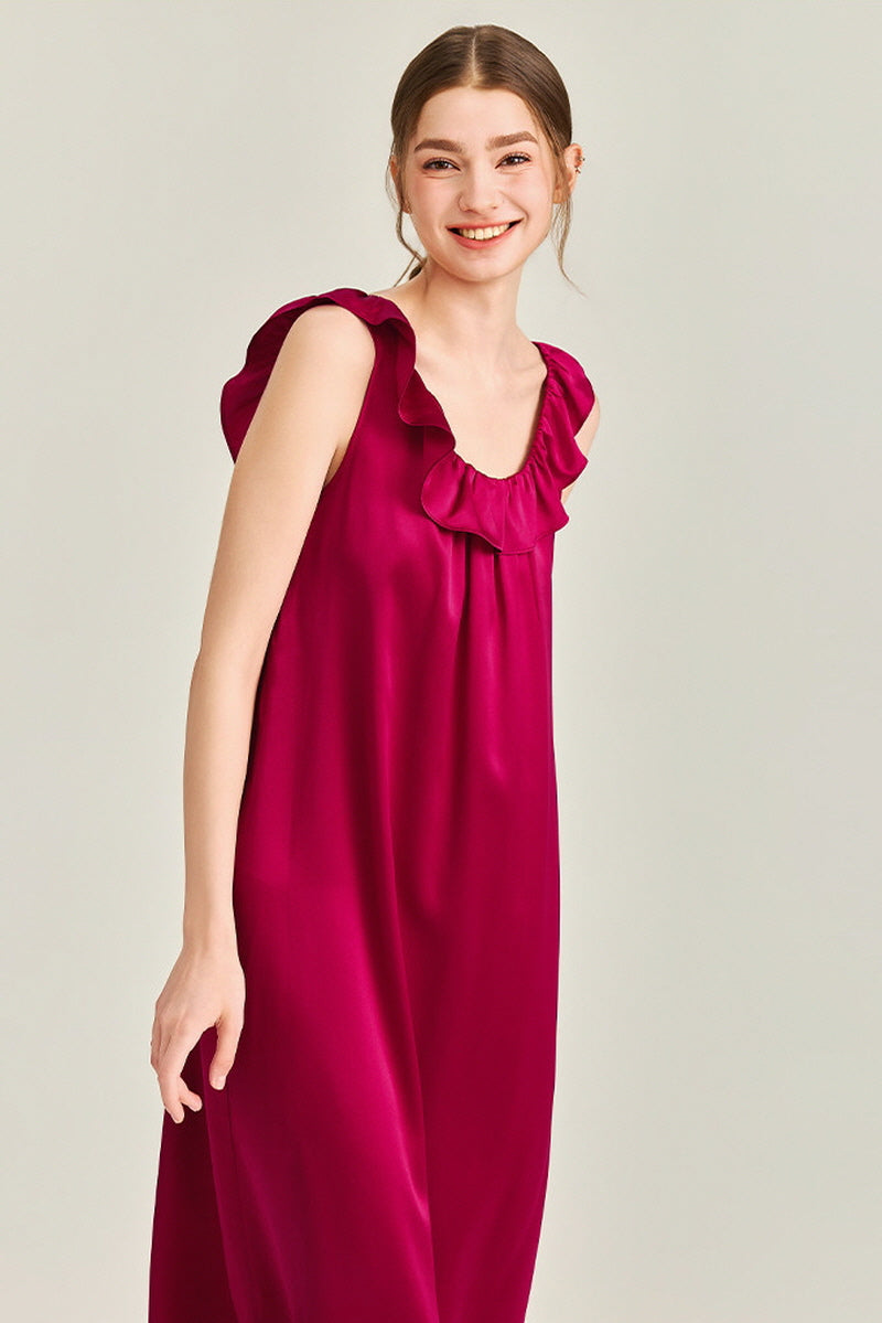 Red Ruffle Backless Silk Slip Dress