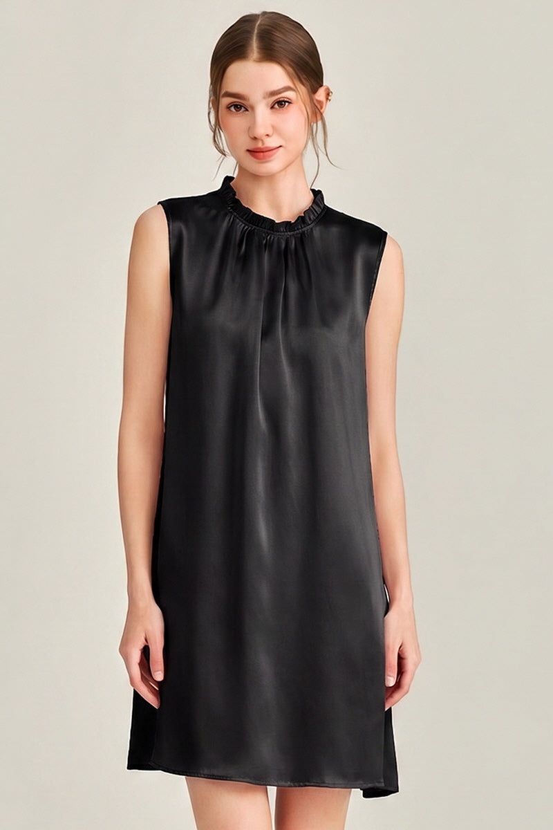 Black Ruffle Neck Silk Sleeveless Dress