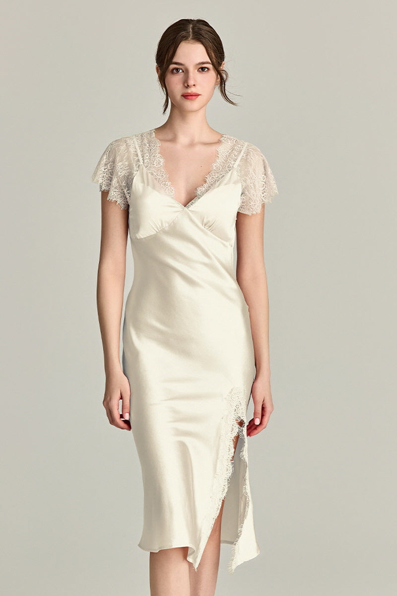 Lace-Sleeve Silk Slip Dress