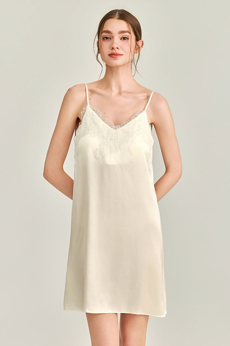 White V-Neck Lace Detail Silk Nightdress