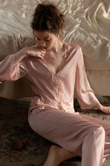 Pink Romantic Lace Silk Pajama Set