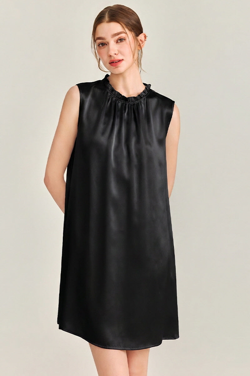Black Ruffle Neck Silk Sleeveless Dress